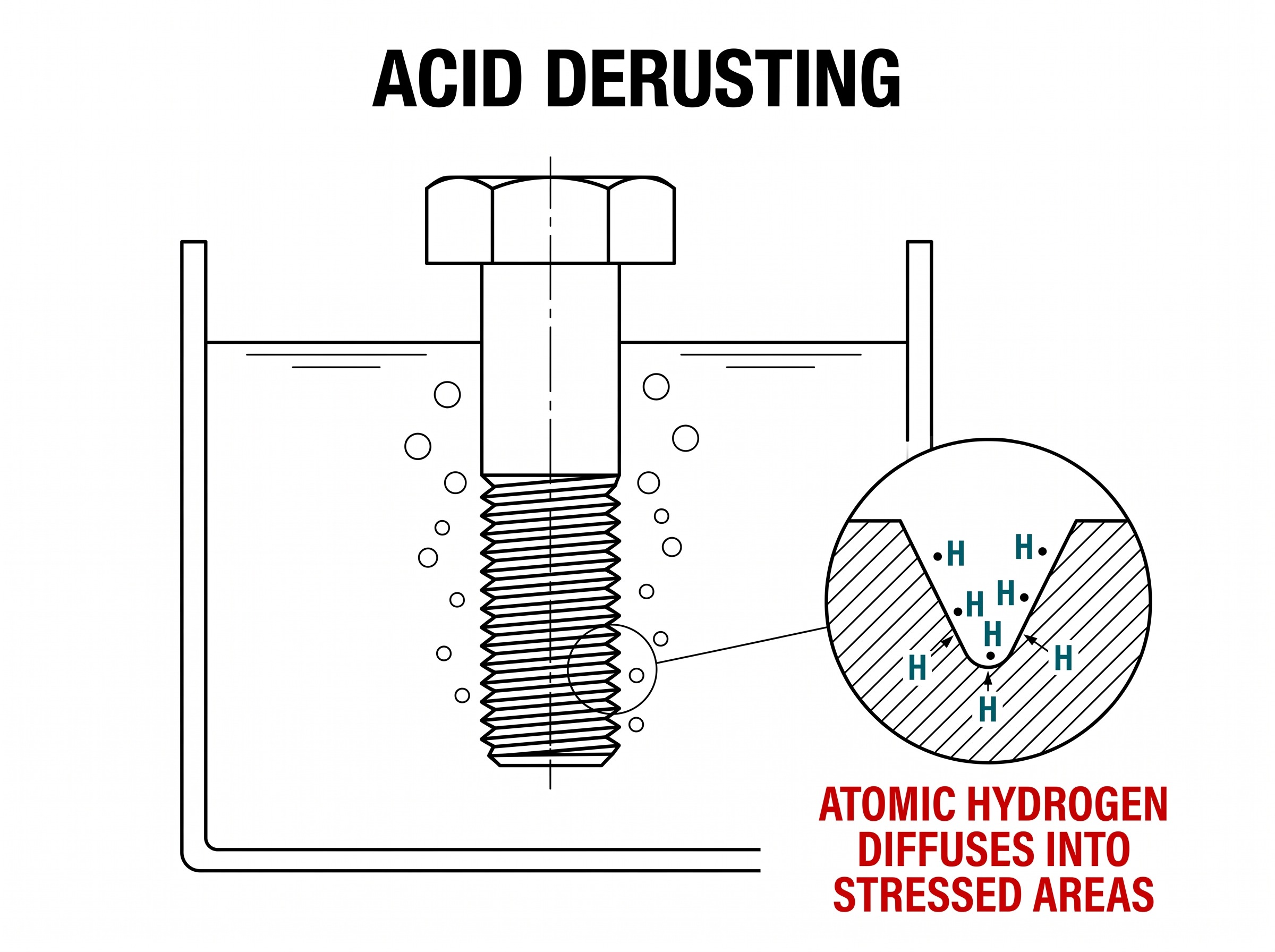 Technical diagram of a hex-head bolt submerged in an acid derusting bath, showing gas bubbles rising from the threaded shank and a magnified cutaway of the thread root where individual hydrogen atoms are shown diffusing into the stressed steel.