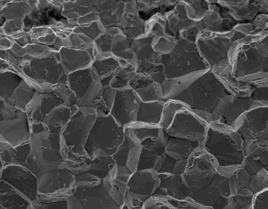 Scanning electron microscope (SEM) micrograph of intergranular cracking caused by hydrogen embrittlement in hardened and tempered steel, showing the cracks following grain boundaries rather than crossing through grains.
