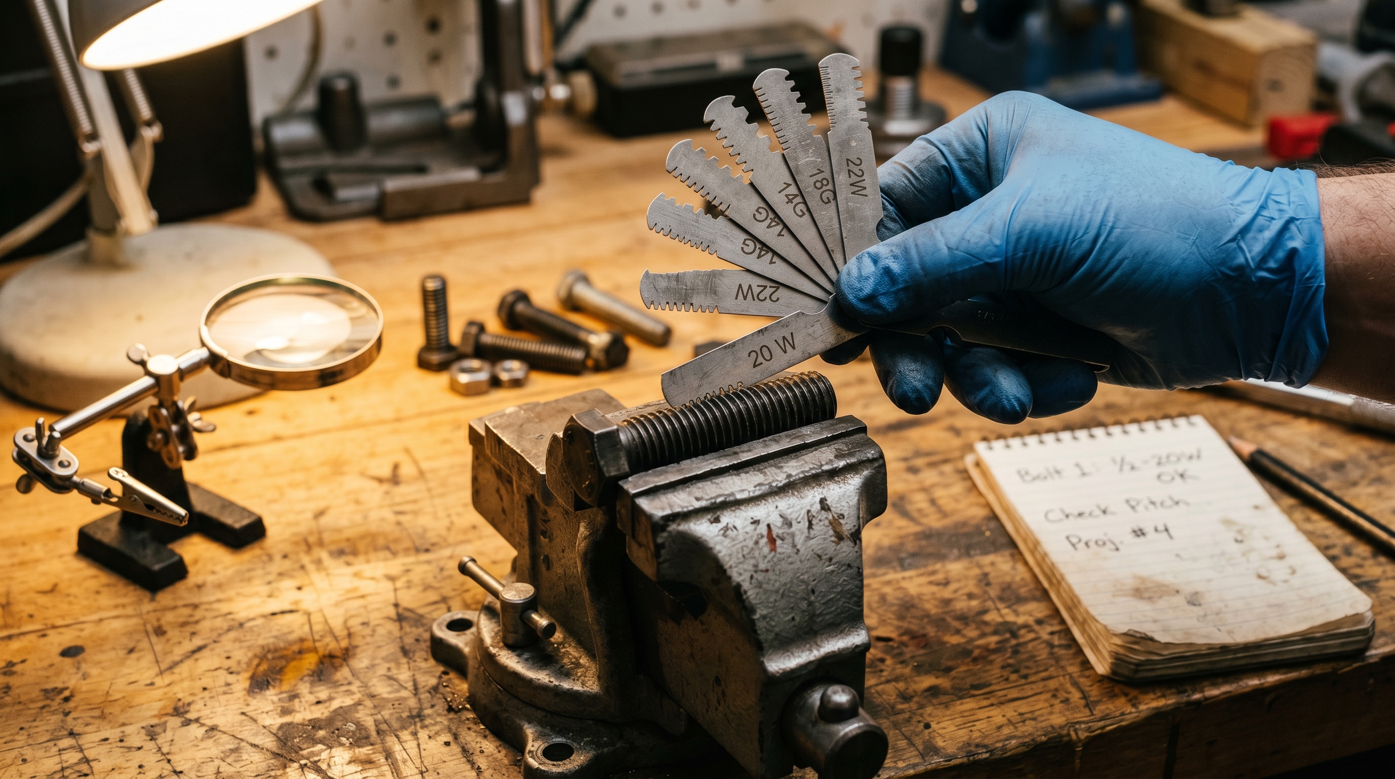 A gloved hand presses a thread-pitch gauge blade labeled 20 W against the threads of a bolt clamped in a small bench vise