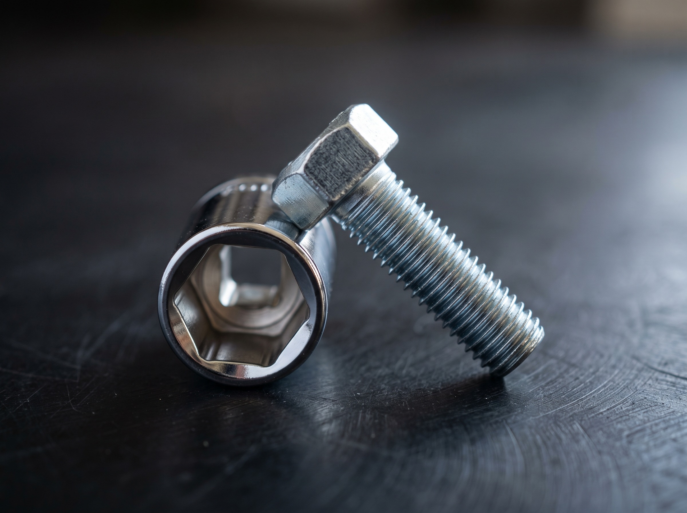 Close-up of a zinc-plated silver M6 hex-head cap screw and a chrome 10 mm hex socket at scale on a dark workbench. The hex head of the bolt matches the internal hex of the socket.