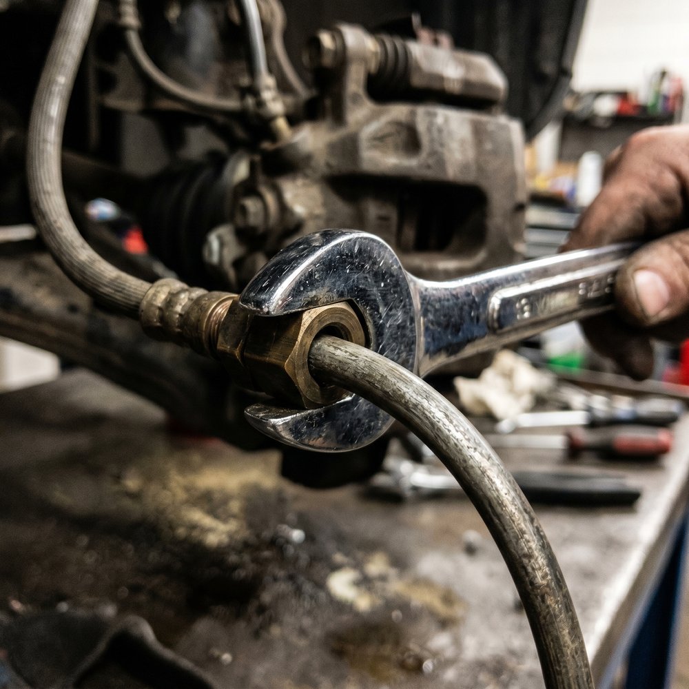 A flare-nut wrench gripping the flats of a brass tube-nut fitting on a steel brake line, where a closed socket cannot reach.